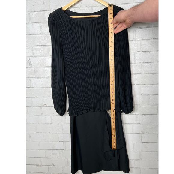 Vintage 1980s Woman's M Plisse Pleated Dress Beaded Long Sleeve Drop Waist Black - Picture 5 of 6